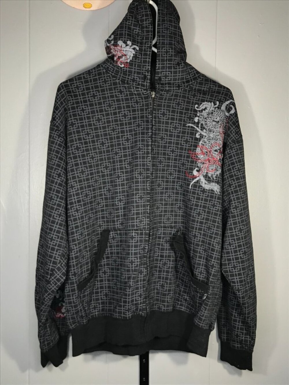 Vintage Y2K Sapphire Lounge Hoodie Mens Md Dragon Tribal Embroidered Full Zip